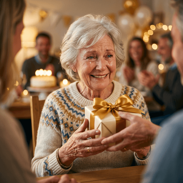 Grand-mère émue par son cadeau