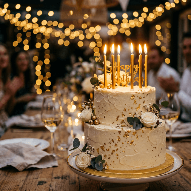 Magnifique gâteau d'anniversaire avec bougies dorées